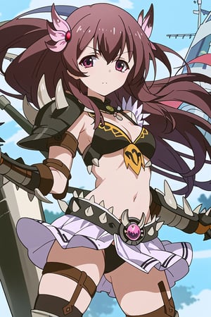 score_9, score_8_up, score_7_up, source_anime, 1girl, solo, kisaragi, long hair, brown hair, hair ornament, brown eyes, purple eyes, kisaragi (kancolle), nergigante armor, spikes shoulder armor, black bikini armor, black knee boots, black armored skirt, black gauntlets, white spikes, standing