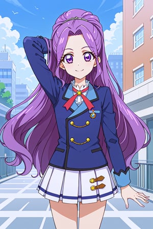 score_9, score_8_up, score_7_up, aikatsu, 1girl, solo, 1girl, solo, mizuki kanzaki, long hair, purple hair, very long hair, purple eyes, parted bangs, starlight academy school uniform, blue jacket, pleated skirt, white skirt, standing, smile, closed mouth, outside, city, one arm up, arm behind head