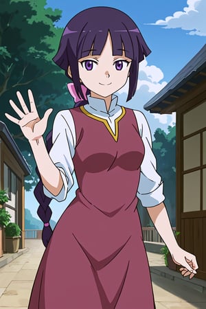 score_9, score_8_up, score_7_up, high quality, anime_screencap, anime coloring, source_anime, 1girl, solo, GAGE-yurin, purple hair, long single braid, purple eyes, GAGE-yurin outfit, purple dress, white sleeves, sleeves rolled up, purple skirt, pink ribbon, smile, outside, standing, beautiful_female_fingers, perfect hands, detailed hands, beautiful hands, looking_at_viewer, waving