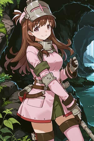 score_9, score_8_up, score_7_up, source_anime, 1girl, solo, ooi, long hair, brown hair, brown eyes, ooi (kancolle), khezu armor, pink helmet, pink gauntlets, pink knee boots, pink breastplate, pink armor skirt, smile, inside, dark cave