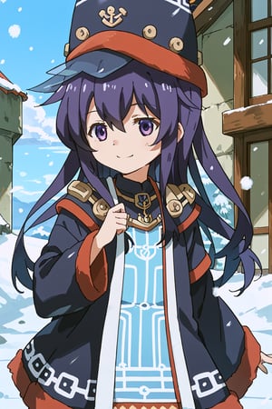 score_9, score_8_up, score_7_up, source_anime, 1girl, solo, akatsuki, long hair, hair between eyes, purple eyes, purple hair, akatsuki (kancolle), gammoth armor, blue headwear, blue hair tubes, blue coat, blue long sleeves, standing, smile, outside, snowing