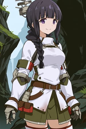 score_9, score_8_up, score_7_up, source_anime, 1girl, solo, kitakami, long hair, bangs, black hair, purple eyes, braid, blunt bangs, single braid, hair over shoulder, kitakami (kancolle), khezu armor, white gauntlets, white knee boots, white breastplate, white armor skirt, standing, smile, inside, cave