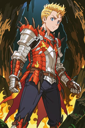 score_9, score_8_up, score_7_up, source_anime, 1boy, solo, takemichi_hanagaki, blonde hair, blue eyes, faux hawk, armor, rathalos armor, spikes, gauntlets, standing, outside, cave, flames