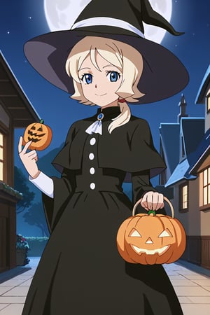 score_9, score_8_up, score_7_up, high quality, anime_screencap, anime coloring, source_anime, 1girl, solo, gage-emily, blonde hair, short hair, low ponytail, blue eyes, witch, hat, witch hat, dress, halloween, halloween costume, jewelry, standing, smile, outside, night, moon, beautiful_female_fingers, perfect hands, detailed hands, beautiful hands, looking_at_viewer, sweets, pumpkin, holding_object