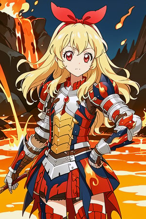 score_9, score_8_up, score_7_up, source_anime, 1girl, solo, HOSHIMIYA ICHIGO, BLONDE HAIR, LONG HAIR, RED EYES, HAIRBAND, BOW, armor, rathalos armor, gauntlets, miniskirt, standing, flame, lava, outside