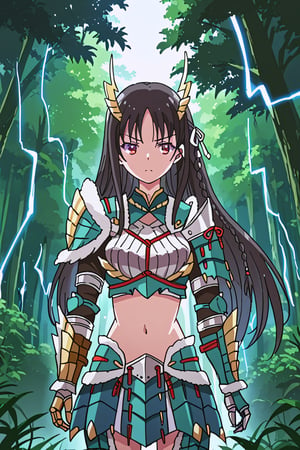 score_9, score_8_up, score_7_up, source_anime, 1girl, solo, suzune horikita, braid, long hair, black hair, Zinogre armor, cyan gauntlets, night, forest, lightning