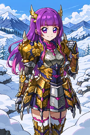 score_9, score_8_up, score_7_up, aikatsu, 1girl, solo, sumire hikami, purple hair, long hair, blunt bangs, purple eyes, tigrex armor, pauldrons, gauntlets, thighhighs, skirt, standing, smile, snow, mountain, clenched_hand