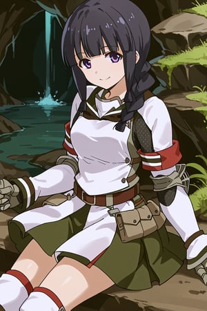 score_9, score_8_up, score_7_up, source_anime, 1girl, solo, kitakami, long hair, bangs, black hair, purple eyes, braid, blunt bangs, single braid, hair over shoulder, kitakami (kancolle), khezu armor, white gauntlets, white knee boots, white breastplate, white armor skirt, smile, inside, cave, sit