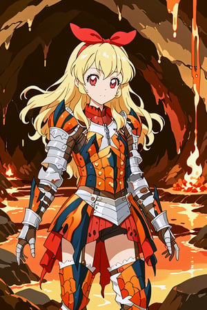 score_9, score_8_up, score_7_up, source_anime, 1girl, solo, HOSHIMIYA ICHIGO, BLONDE HAIR, LONG HAIR, RED EYES, HAIRBAND, BOW, armor, rathalos armor, gauntlets, miniskirt, standing, cave, flame, lava, inside 