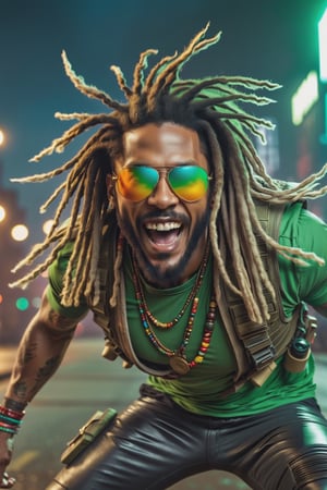 a man with dreadlocks and sunglasses on, raging, crazy smile, crazy eyes, rocket lancher, guns, crazy face expression, character design, intense green aura around him, body dynamic epic action pose, intricate, highly detailed, epic and dynamic composition, dynamic angle, intricate details, multicolor explosion, blur effect, sharp focus, uhd, hdr, colorful shot, stormy weather, tons of flying debris around her, dark city background, modifier, photographic filter, real photography