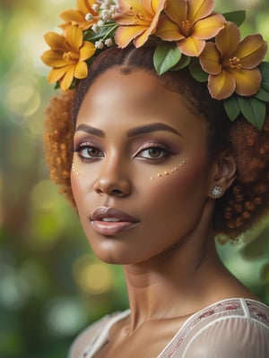 Close up portrait shot of a 40 year old baggy-figured ((african american) woman with (Ginger) with flowers in her hair, with a ethereal garden in the background, inspired by Anna Dittmann, featured on cgsociety, fantasy art, detailed photo, made of flowers, Looking at viewer. The (medium wide shot), one-shot, is taken from a dutch angle, with a Cinestill hasselblad 85 mm. tilt shift, soft lighting, Photorealistic, Realistic, Hyperrealistic, Hyperdetailed, masterpiece, best quality, ultra realistic, 8k, golden ratio, Intricate, High Detail, detailed skin, pores, matte skin, soft lighting, subsurface scattering, realistic, heavy shadow, studio photography