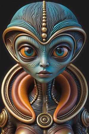 art of alien, in the style of textured illustrations, dark gray and bronze, online sculpture, naoto hattori, dark sky-blue and orange, intense close-ups