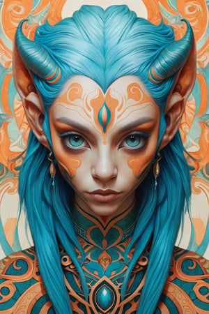 alien with blue hair by theo el, in the style of balanced symmetry, light orange and cyan, detailed facial features, manticore, organic forms, muted tones, meticulous portraiture, complex patterns