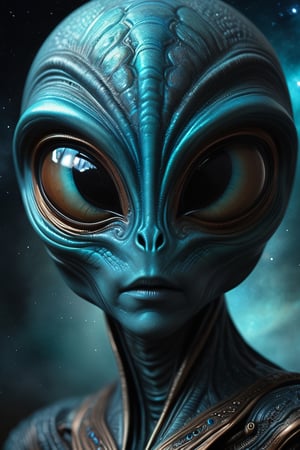 Close-up photo of a grey alien with big black oval eyes, super detailed skin, ultra hd, 4k, real life, maximum facial detail, no human likeness, 2d art of alien, in the style of textured illustrations, creepy, dark gray and bronze, online sculpture, naoto hattori, jeremy lipking, dark sky-blue and orange, intense close-ups,zhibi,biopunk style,DonML1quidG0ldXL ,DonMWr41thXL 