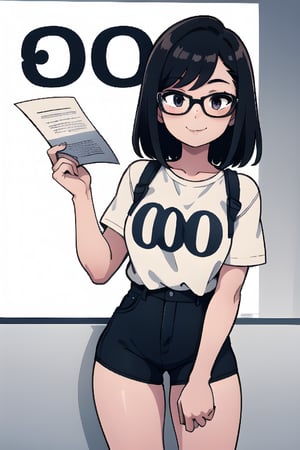 A girl with black hair and glasses is holding a paper with the number "600" written on it, smiling