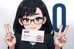 A girl with black hair and glasses is holding a paper with the number "600" written on it, smiling