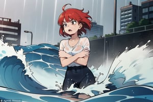 In the city, strong winds and heavy rain cause severe flooding, and a red-haired woman is swept away by the waves. She is waiting for rescue, very scared