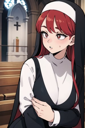 kiss x sis,sexy
girl with long red hair and red pupils, wearing a nun's outfit, with a church background. The shot is a close-up.