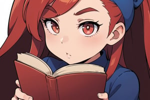 A girl with long red hair and red pupils, wearing a blue gown, looking at a thick book. The shot is a close-up.