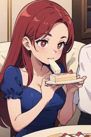 girl with long red hair and red pupils, wearing a blue gown, eating cake at a wedding. The shot is a close-up with the wedding in the background.
