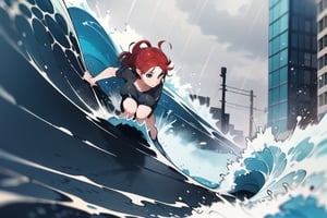 In the city, strong wind and heavy rain cause severe flooding, and a red-haired woman is swept away by the waves.