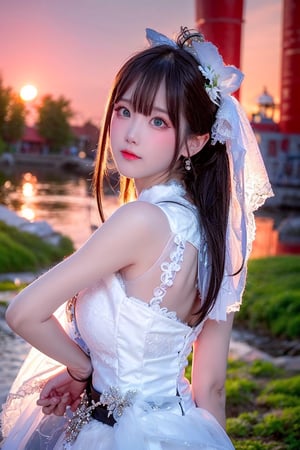 Best Works, (Best Quality, , HDR, 8k, 32k, Original Photo, Realistic, Real Skin, UHD: 1.2), a beautiful Japanese 20-year-old girl, with surging waves, a plump figure, wearing a long white tulle dress, by a forest lake, bright blue eyes, long gray hair, delicate face, perfect face, green pond, dark sky, background lighting, realism, red sky, detailed sky, realistic clouds, sun, bright environment, late afternoon, sun in the clouds, wide-angle lens effect