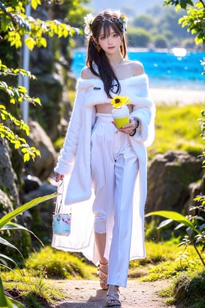 A Taiwanese girl, with real skin style, delicate face, majestic and proud upper body, ethereal and extraordinary feeling, wearing off-shoulder chiffon silk pajamas and a dreamy coat, in a warm morning, with a shy smile in spirit, sitting on the white beach, drinking coffee, with colorful petals flying around her, watching the yellow-blue light of sunrise, the bright green fields and blue sea, enjoying the feeling of being in a paradise at the moment