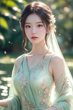 A Taiwanese woman is in the center, with realistic skin effects, clear facial features, and a majestic bust. Infrared photography, her attention is directed downwards towards the guzheng-like instrument.  She wore a delicate sheer tulle with a floral pattern that complemented her elegant pose.  The serene backdrop is a serene garden pond surrounded by rocks and blurry greenery, enhancing the calm ambience.  Soft sunlight shines through, casting a soft glow that illuminates the floating particles, adding a dreamy texture.