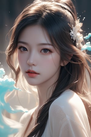 A Taiwanese woman, real skin effect, clear facial features, hanging blue smoke, her face, hyper-realistic composition style, fluid dynamic brushstrokes, monotonous traces, sufficient light, highly detailed, hyper-realistic water, high resolution