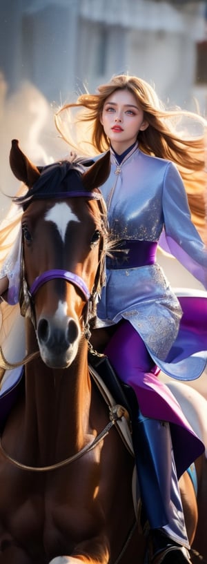 A young beautiful woman with silky blond hair (purple eyes) with bright long and thick eyelashes, looking at the camera, posing, ulzzang, streaming on twitch, character album cover, black moment, bokeh style, girl galloping on horseback, The woman was sitting on the horse wearing riding trousers and long riding boots, her hair flying in the wind. Because of the increased speed, the beauty laughed heartily.
The beautiful woman rides a horse and runs,
Showing the power of light and shadow, reality, idols, beauties, beauties, holding the reins of horses, photography (portraits).