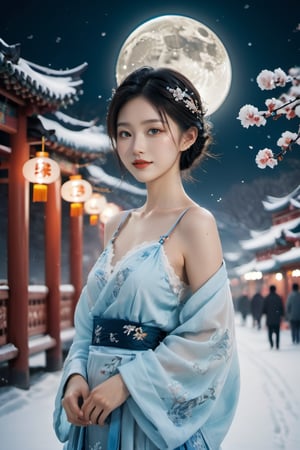 A Taiwanese girl, (realism: 1.2), analog photography style, dreamy snow scene, short black and gray braided hair, full body, soft natural light, cute and sexy smiling, happy, detailed face and blue eyes, high quality, masterpiece, detailed northern mid-autumn night background with a big moon, Chinese style mid-autumn festival atmosphere, quality: 16K, original photo face, real skin effect, clear facial features, majestic bust, analog photography style, dreamy snow scene, short black and gray braided hair, full body, soft natural light, cute and sexy, happy, detailed face and blue eyes, high quality, masterpiece, detailed northern background, quality: 16K, original photo