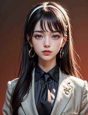 (masterpiece:1.3),best quality,official art,(beautiful and aesthetic:1.3),1girl,solo,official art,(oil painting style:1.2),Yor Forger from ,silver long hair,straight bangs, (symmetrical bangs:1.2), beige hairband, curled hair ends,grey blue eyes, black suit, red tie, gold earrings,killing intent, half-body shot, turn around,depth of field, light red background,portrait,aesthetic,Anime 