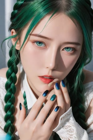 (ultra realistic,best quality),photorealistic,Extremely Realistic,in depth,cinematic light,hubggirl,

BREAK

stunning anime portrait of a green-haired girl with intense blue eyes, close-up view, intricate hand details, braided hair, white clothing, strong light and shadow contrasts, black nails, 21 years old, 

BREAK

dynamic poses, particle effects, perfect hands, perfect lighting, vibrant colors, intricate details, high detailed skin, intricate background, realistic, raw, analog, taken by Sony Alpha 7R IV, Zeiss Otus 85mm F1.4, ISO 100 Shutter Speed 1/400, Vivid picture, More Reasonable Details