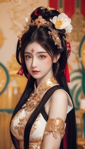 a sorceress, white hair,  gold and white brassiere , detailed face, vines, stars, ((surrealism)), (abstract), intricately detailed gothic art triadic colors, fantastical, splash screen, fantasy high magic concept art, 8k resolution, (gothic masterpiece), oil painting, heavy strokes, HW*,short hair bang,hair bangs are above the eyebrows,no bang,Narin,beautyniji,1girl,women,girl,realistic,Double eyelids,bow on her head, cute eye,cute lip