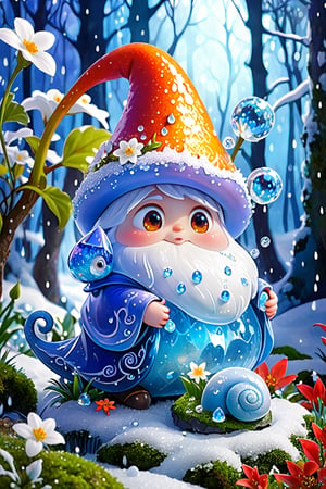 A wizard and his familiar, which is a magical ice snail with white skin and glowing blue crystalline shell, fantasy, snow, ice, flowers bloom and lights soft, digital art, a diminutive gently crying little wizard with curled pointy hat with tears as big as dew drops sitting in the rain on a leaf covered by moss, snowy forest background, tiny flowers, sparkling with frosty snow dew and snow drops, red orange and yellow colors through dappled sunlight,perfecteyes eyes