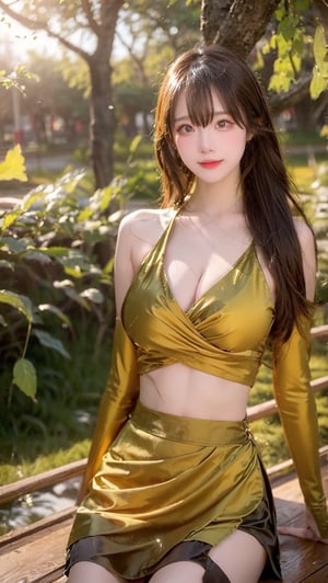 A Taiwanese beauty, with a majestic and proud bust, full and round, real skin effect, clear focus, delicate face, happy smile, sitting alone by the paddy field, on a low wooden table under a maple tree, drinking tea, enjoying the pastoral scenery, delicate light and shadow details, yellow fallen leaves all around her, golden light and shadow