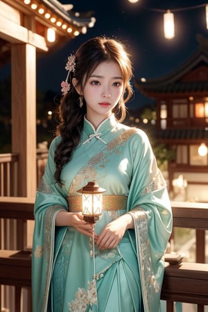 Pixar anime movie scene style, perfect face, Chinese house style, in the night, A beautiful and cute little girl with beautiful eyes is standing on the railing. 16 years old beautiful eyes so charming girl holding lantern on the balcony, in the style of charming anime characters, 32k uhd, Pixar movie scene style, realistic high quality portrait photography, timeless beauty, The lantern lamp behind her are emitting soft light. She is beautiful and dreamy. flowers blooming and lighting bokeh as background.