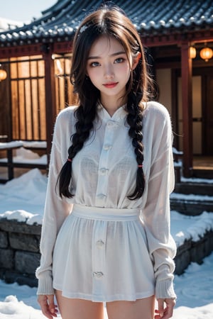 A Taiwanese girl, (realism: 1.2), analog photography style, dreamy snow scene, short black and gray braided hair, full body, soft natural light, cute and sexy smiling, happy, detailed face and blue eyes, high quality, masterpiece, detailed northern mid-autumn night background with a big moon, Chinese style mid-autumn festival atmosphere, quality: 16K, original photo face, real skin effect, clear facial features, majestic bust, analog photography style, dreamy snow scene, short black and gray braided hair, full body, soft natural light, cute and sexy, happy, detailed face and blue eyes, high quality, masterpiece, detailed northern background, quality: 16K, original photo