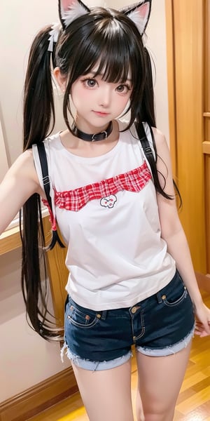 1girl, solo, long hair, hot short pants, sleeveless shirt, black hair, standing, white shirt, short sleeves, indoors, blunt bangs, plaid, feet out of frame, realistic, side back, messy twin tails hair, hyper realistic, dynamic angles from above, ((cute angry)), cat_collar, 
