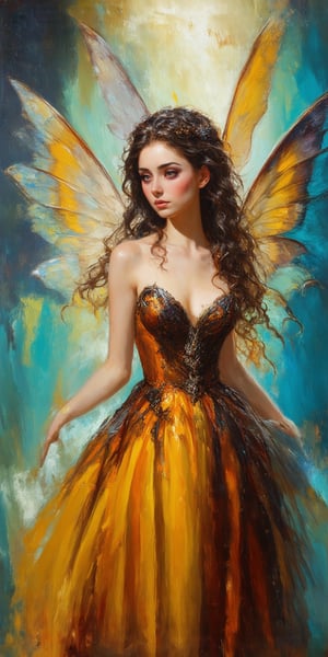 "A beautiful, realistic fairy partially merged with an abstract painting. The fairy has delicate, translucent wings, flowing hair, and intricate details on her dress, which are rendered in a highly realistic style. Parts of the fairy are lost within the abstract elements of the painting, blending seamlessly with bold, dramatic brushstrokes and vibrant colors. The abstract painting uses a dynamic mix of Burnt Sienna, Cadmium Yellow, Ultramarine Blue, and Sap Green, with touches of white and black. The contrast between the hyper-realistic fairy and the abstract background creates a mesmerizing and surreal composition."
