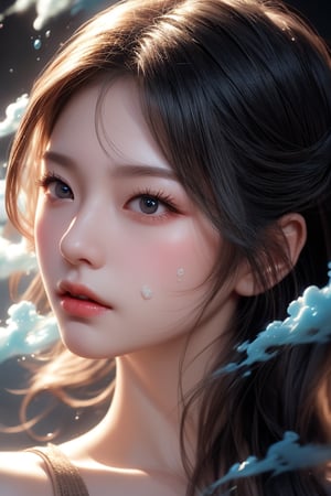 A Taiwanese woman, real skin effect, clear facial features, hanging blue smoke, her face, hyper-realistic composition style, fluid dynamic brushstrokes, monotonous traces, sufficient light, highly detailed, hyper-realistic water, high resolution