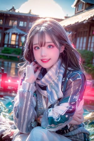 Best Works, (Best Quality, , HDR, 8k, 32k, Original Photo, Realistic, Real Skin, UHD: 1.2), a beautiful Japanese 20-year-old girl, with surging waves, a plump figure, wearing a long white tulle dress, by a forest lake, bright blue eyes, long gray hair, delicate face, perfect face, green pond, dark sky, background lighting, realism, red sky, detailed sky, realistic clouds, sun, bright environment, late afternoon, sun in the clouds, wide-angle lens effect