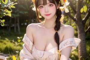 A Taiwanese beauty, with a majestic and proud bust, full and round, real skin effect, clear focus, delicate face, happy smile, sitting alone by the paddy field, on a low wooden table under a maple tree, drinking tea, enjoying the pastoral scenery, delicate light and shadow details, yellow fallen leaves all around her, golden light and shadow