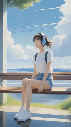 (masterpiece, high quality, 8K, high_res), 
a 18 yo sexy girl sits on a bench in the sunny  day and looks at the blue_sky rainbow, (ultra slender legs:1.3), elegant smile, happy and embarresed, dressed in a bottomless mesh shirt, ultra short_jeans and white sneakers, yellow_headphone wires are visible, the image conveys the mood of melancholy thoughtfulness, impasse, doubt. Watercolor painting technique, ultra detailed, beautiful,
inspired by  Makoto Shinkai and Toshihiro Kawamoto, first perspective shot.