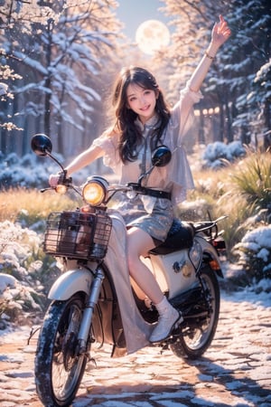 A Taiwanese girl, (realism: 1.2), analog photography style, dreamy snow scene, short black and gray braided hair, full body, soft natural light, cute and sexy smiling, happy, detailed face and blue eyes, high quality, masterpiece, detailed northern mid-autumn night background with a big moon, Chinese style mid-autumn festival atmosphere, quality: 16K, original photo face, real skin effect, clear facial features, majestic bust, analog photography style, dreamy snow scene, short black and gray braided hair, full body, soft natural light, cute and sexy, happy, detailed face and blue eyes, high quality, masterpiece, detailed northern background, quality: 16K, original photo