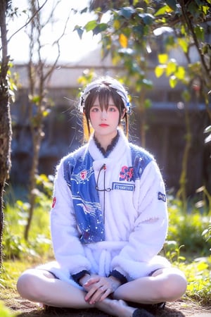 A Taiwanese man, wearing a white flight jacket with the Taiwanese flag printed on it, real skin style, exquisite skin, began to retreat, sitting cross-legged to rest his body with his hands in lotus position, the background is the cosmic blue backlight, the ethereal environment, and there are white spirits around him