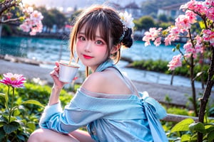 A Taiwanese girl, with real skin style, delicate face, majestic and proud upper body, ethereal and extraordinary feeling, wearing off-shoulder chiffon silk pajamas and a dreamy coat, in a warm morning, with a shy smile in spirit, sitting on the white beach, drinking coffee, with colorful petals flying around her, watching the yellow-blue light of sunrise, the bright green fields and blue sea, enjoying the feeling of being in a paradise at the moment