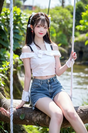 A Taiwanese girl, wearing a white off-shoulder top, short jeans, real skin style, smiling happily, delicate skin face, the focus is on the girl sitting on a swing suspended in the air, swinging on a large tree pole covered with vegetables, her toes almost touching the sea of ​​clouds, the breeze blowing her hair. The world is vast, the sun is warm, the beautiful scenery in front of her fills her heart with tranquility and leisure, panoramic view.