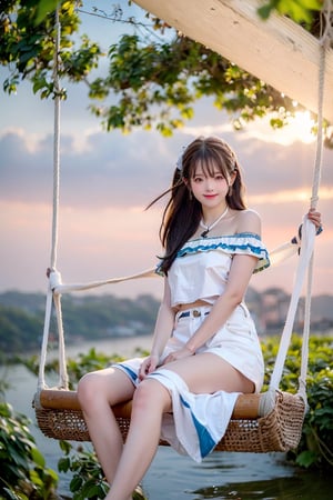 A Taiwanese girl, wearing a white off-shoulder top, short jeans, real skin style, smiling happily, delicate skin face, the focus is on the girl sitting on a swing suspended in the air, swinging on a large tree pole covered with vegetables, her toes almost touching the sea of ​​clouds, the breeze blowing her hair. The world is vast, the sun is warm, the beautiful scenery in front of her fills her heart with tranquility and leisure, panoramic view.