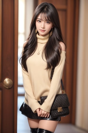 background is street,the Arc de Triomphe,triumphal arch,Paris,
18 yo, 1 girl, beautiful korean girl,
wearing tight black sweater(turtle neck,simple),tight leather short skirt,black long boots,shoulder bag, smile, solo, {beautiful and detailed eyes}, dark eyes, calm expression, delicate facial features, ((model pose)), Glamor body type, (dark hair:1.2), simple tiny earrings, simple tiny necklace,very_long_hair, hair past hip, bangs, curly hair, flim grain, realhands, masterpiece, Best Quality, 16k, photorealistic, ultra-detailed, finely detailed, high resolution, perfect dynamic composition, beautiful detailed eyes, eye smile, ((nervous and embarrassed)), sharp-focus, full_body, cowboy_shot,